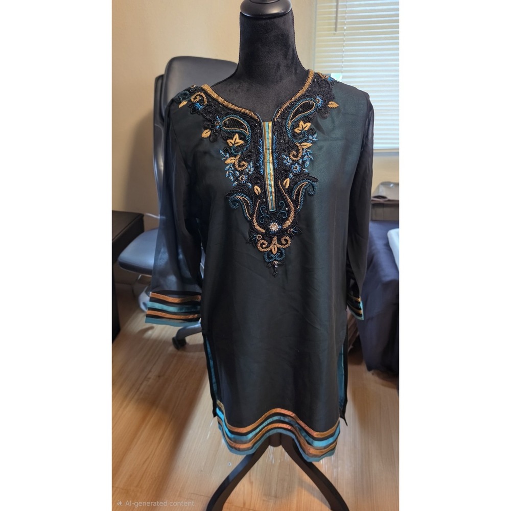 Black Green Gold Beaded Sequin Lined Tunic Blouse Embellished India Size 42/L